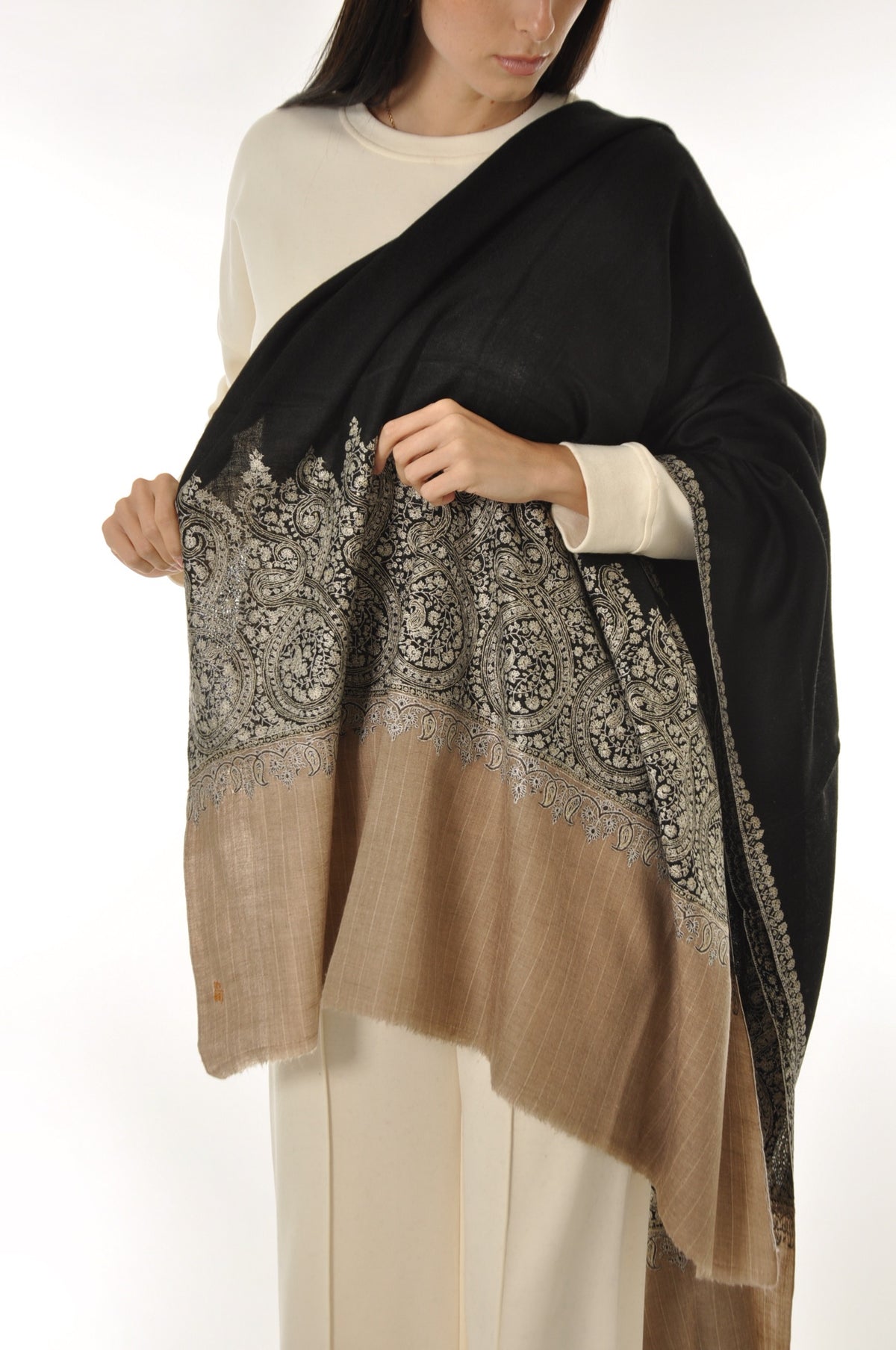 Thin Striped Border Pashmina - Black Pashmina with Ivory Paisley Border