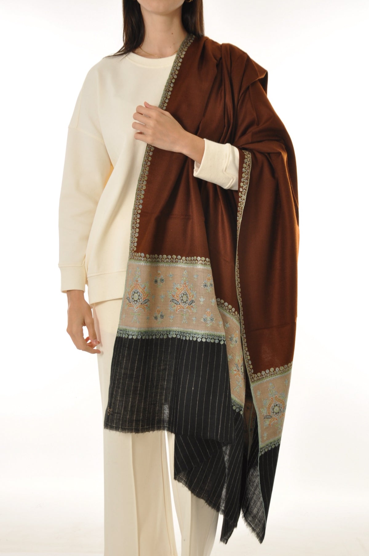 Striped Border Pashmina - Brown Pashmina with Floral Embroidery