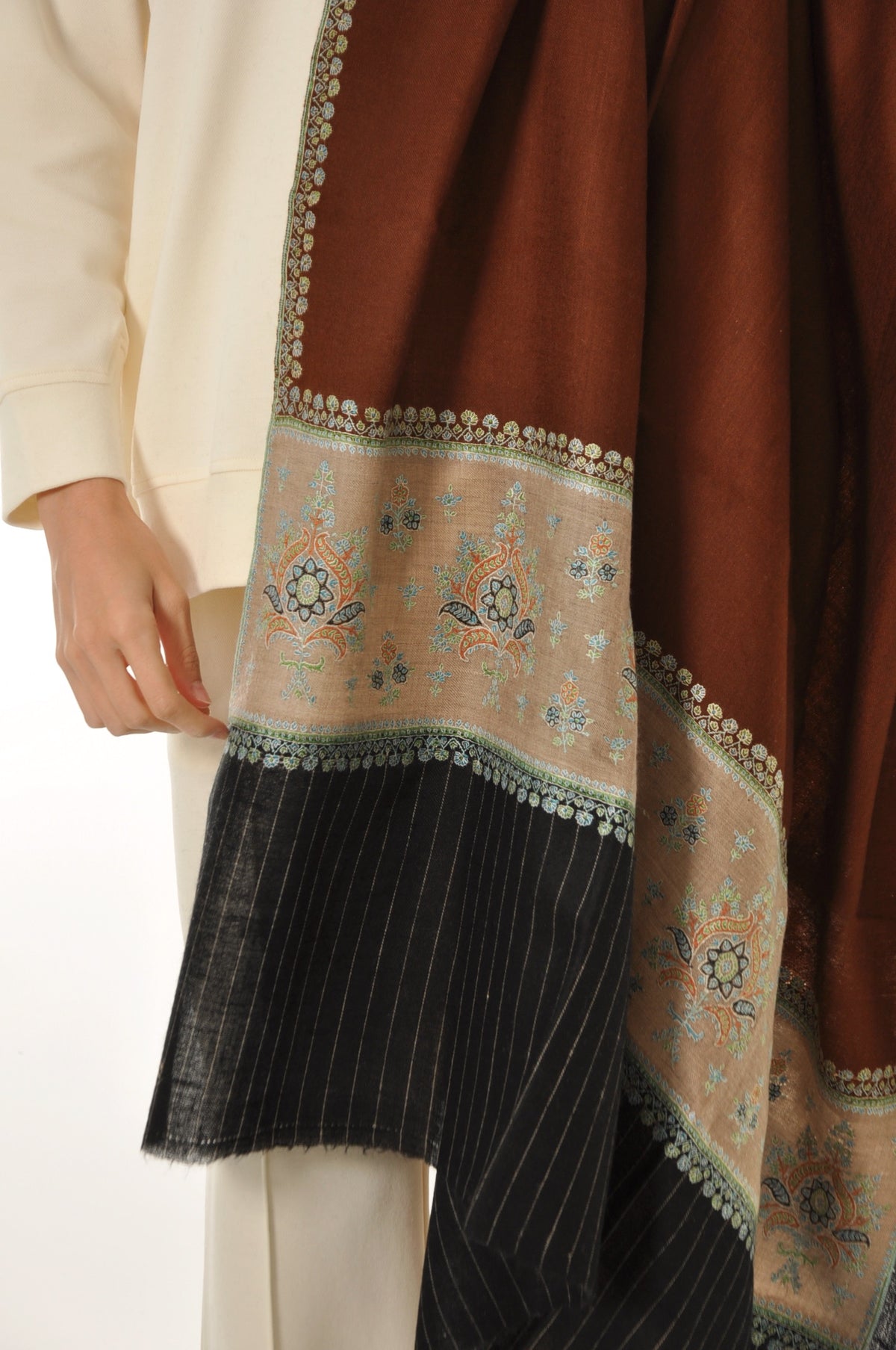 Striped Border Pashmina - Brown Pashmina with Floral Embroidery