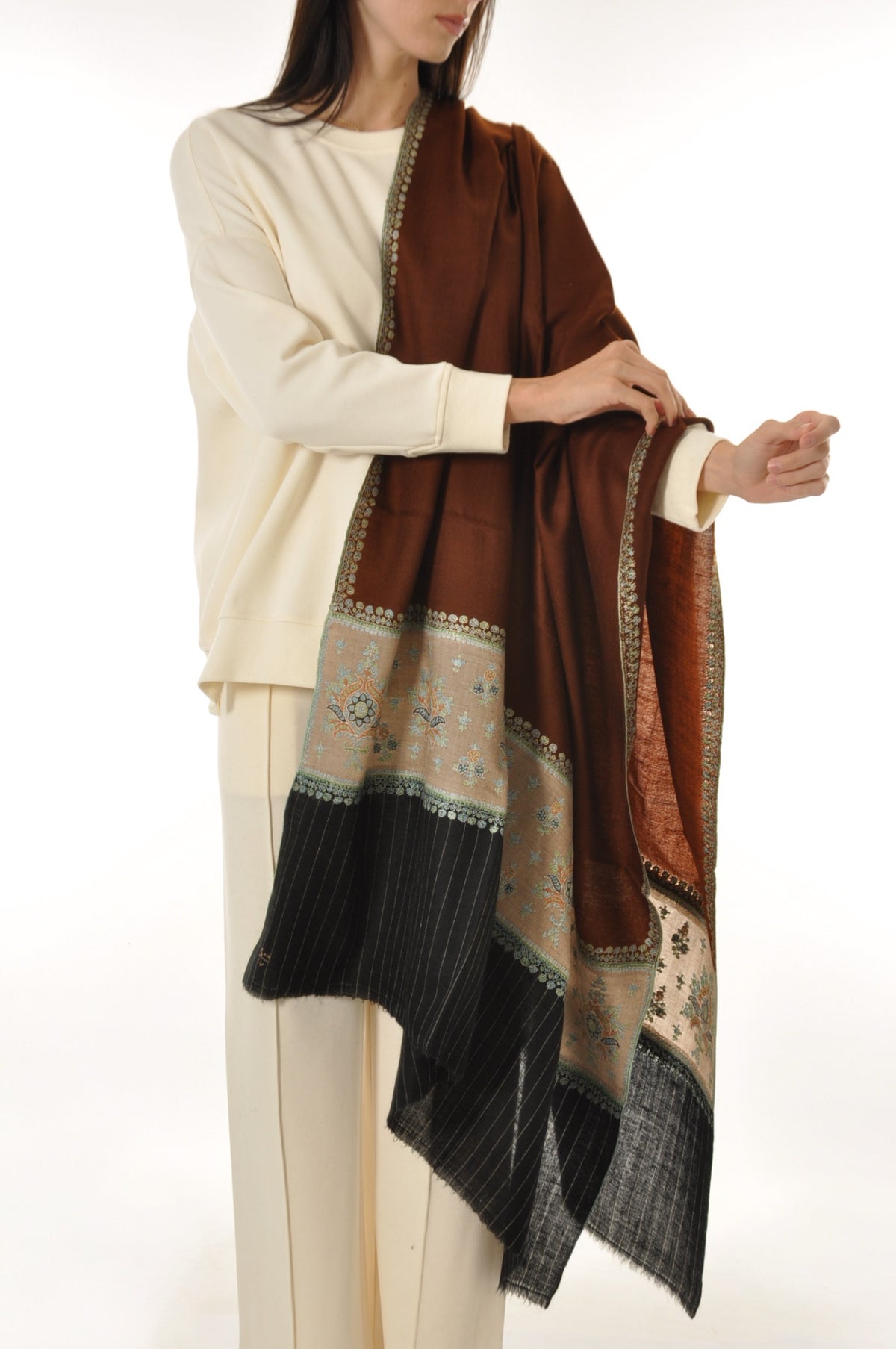 Striped Border Pashmina - Brown Pashmina with Floral Embroidery