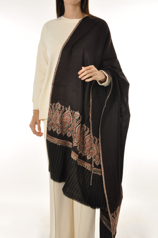 Striped Border Pashmina - Dark Brown Paisley Boarder Embroidery