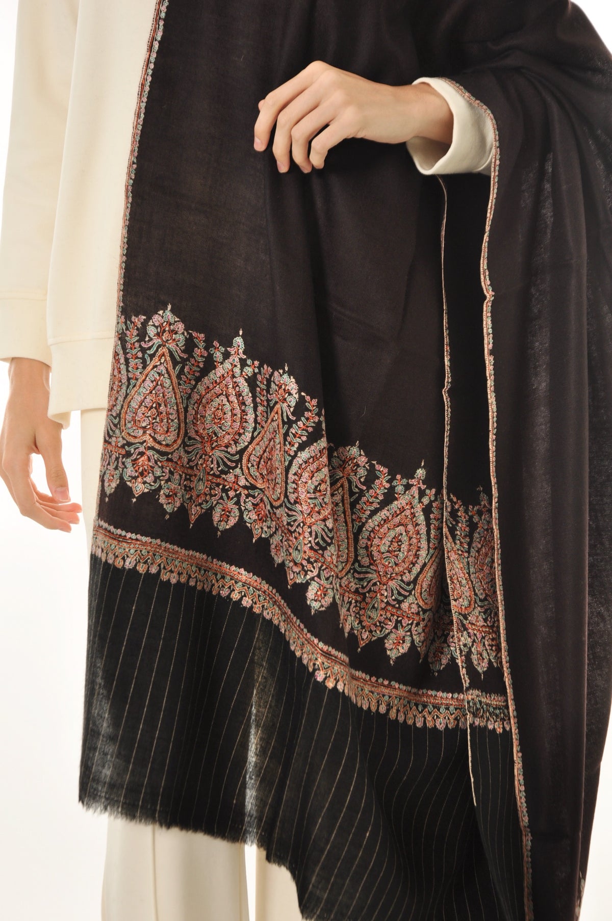 Striped Border Pashmina - Dark Brown Paisley Boarder Embroidery
