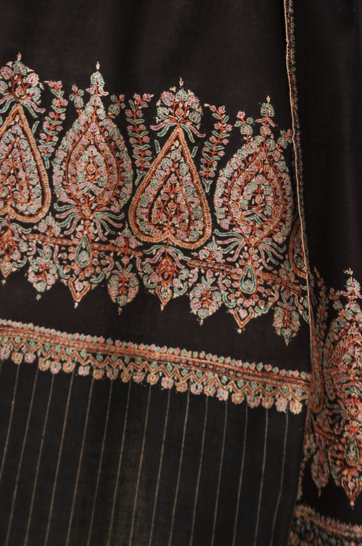 Striped Border Pashmina - Dark Brown Paisley Boarder Embroidery