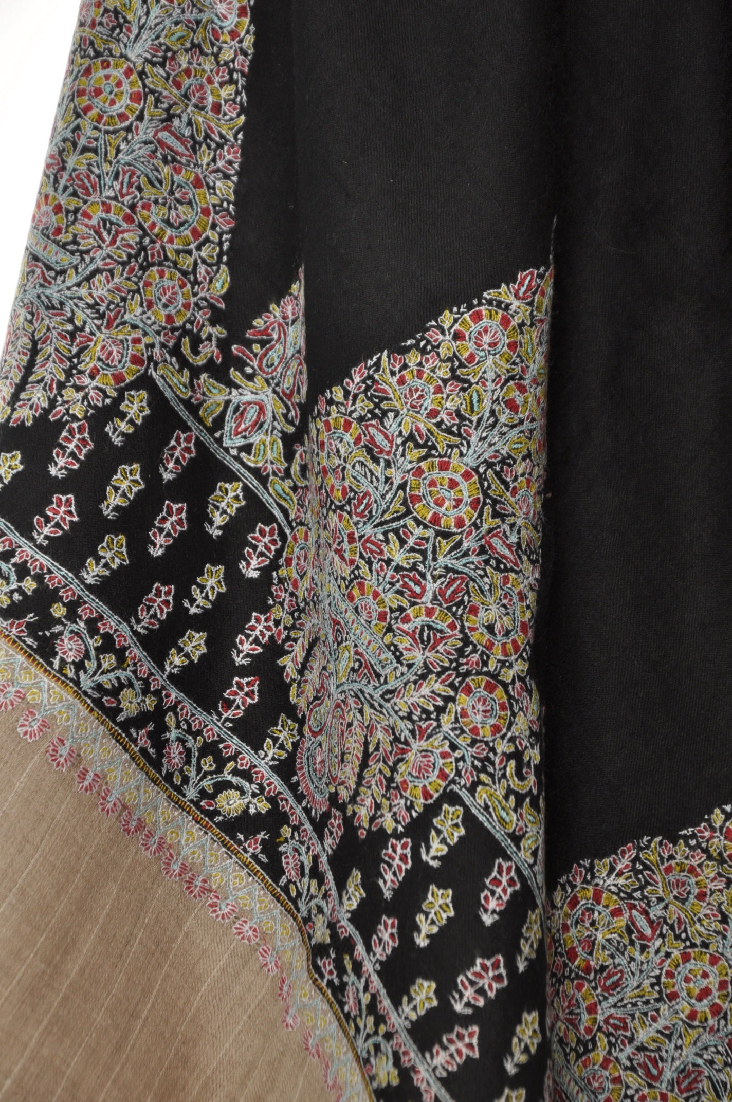 Embroidered Pashmina - black & soft beige