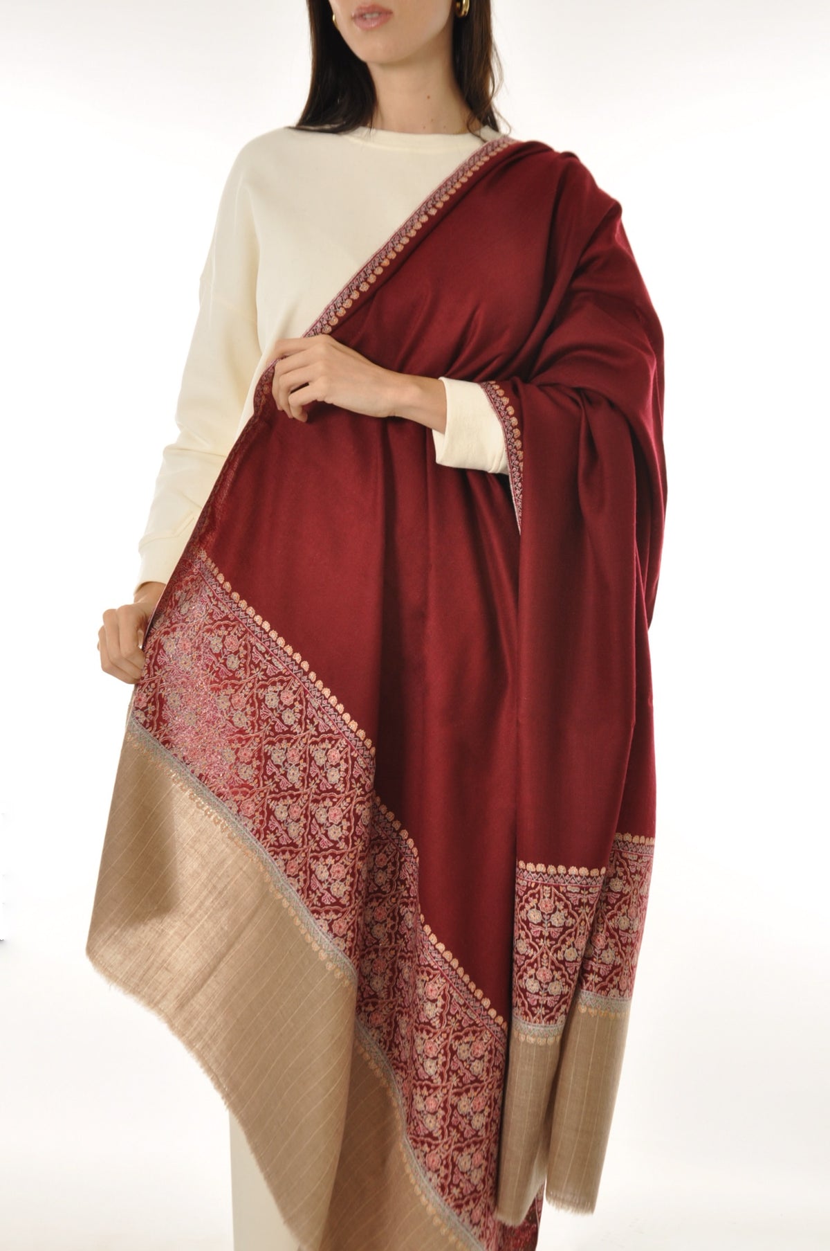 Striped Border Pashmina - Dark Red Pashmina with Floral Embroidery