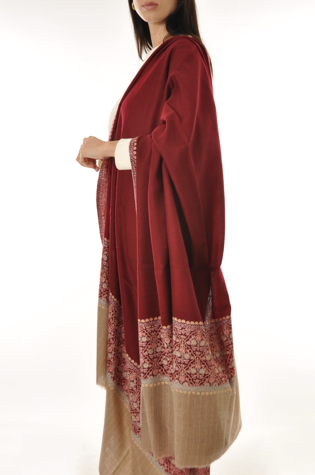 Striped Border Pashmina - Dark Red Pashmina with Floral Embroidery