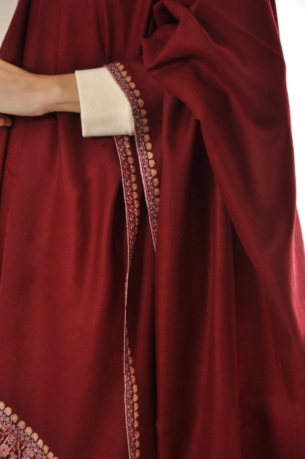 Striped Border Pashmina - Dark Red Pashmina with Floral Embroidery