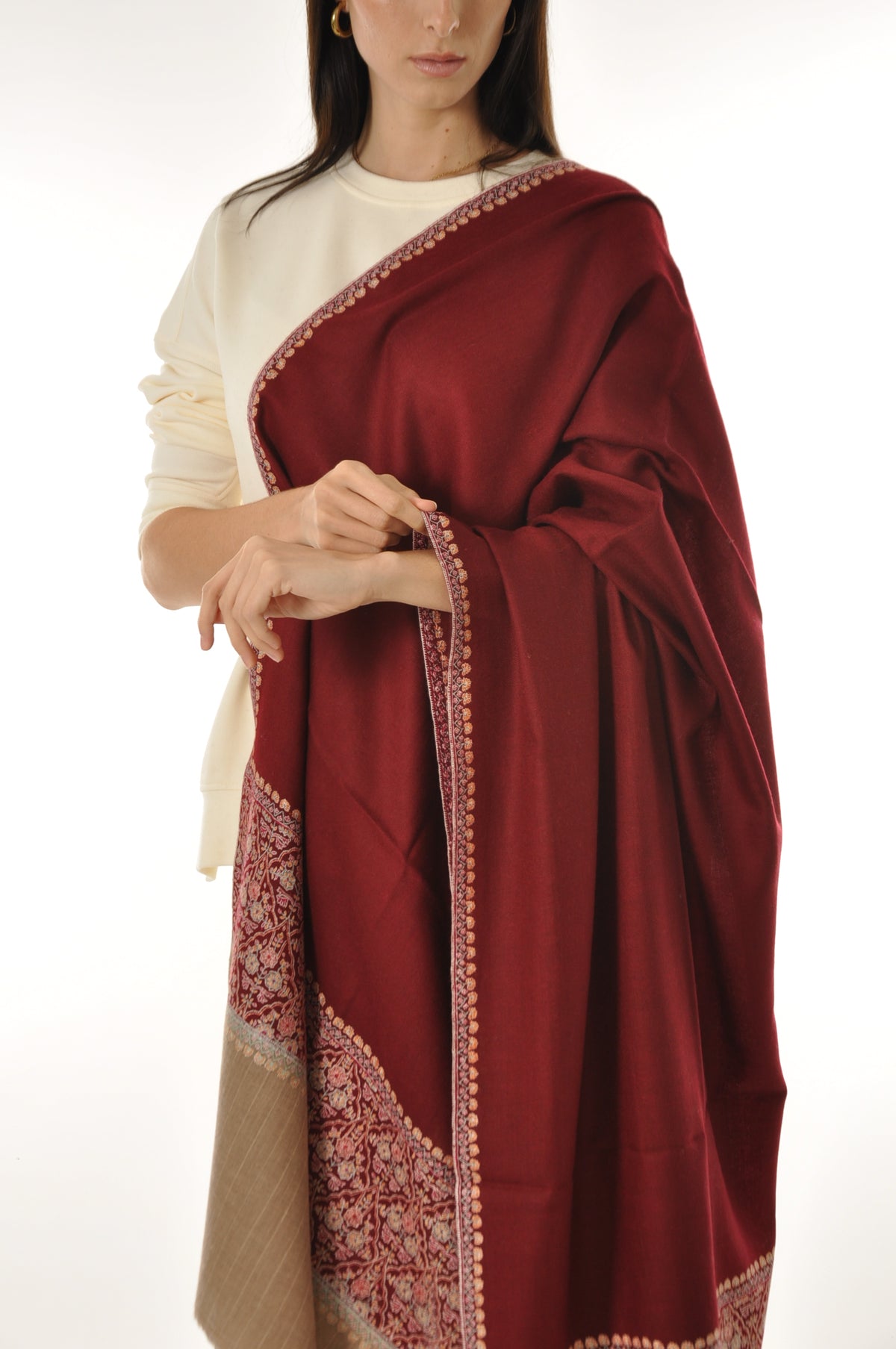 Striped Border Pashmina - Dark Red Pashmina with Floral Embroidery