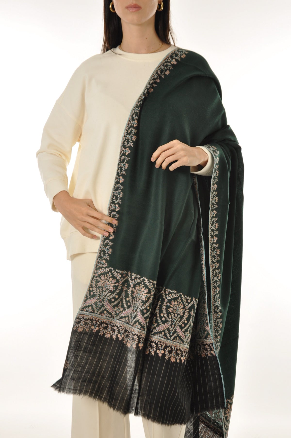Striped Border Pashmina - Dark Green Pashmina with Floral Embroidery