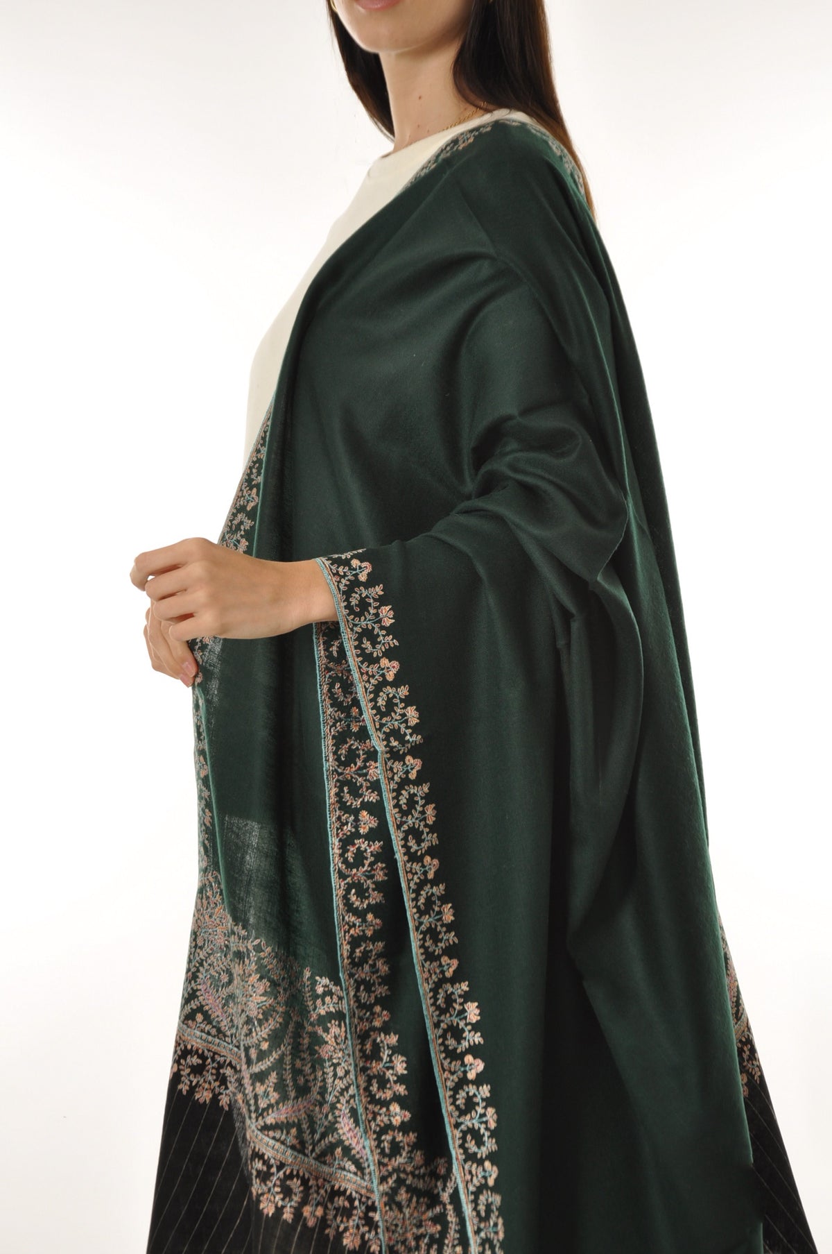 Striped Border Pashmina - Dark Green Pashmina with Floral Embroidery