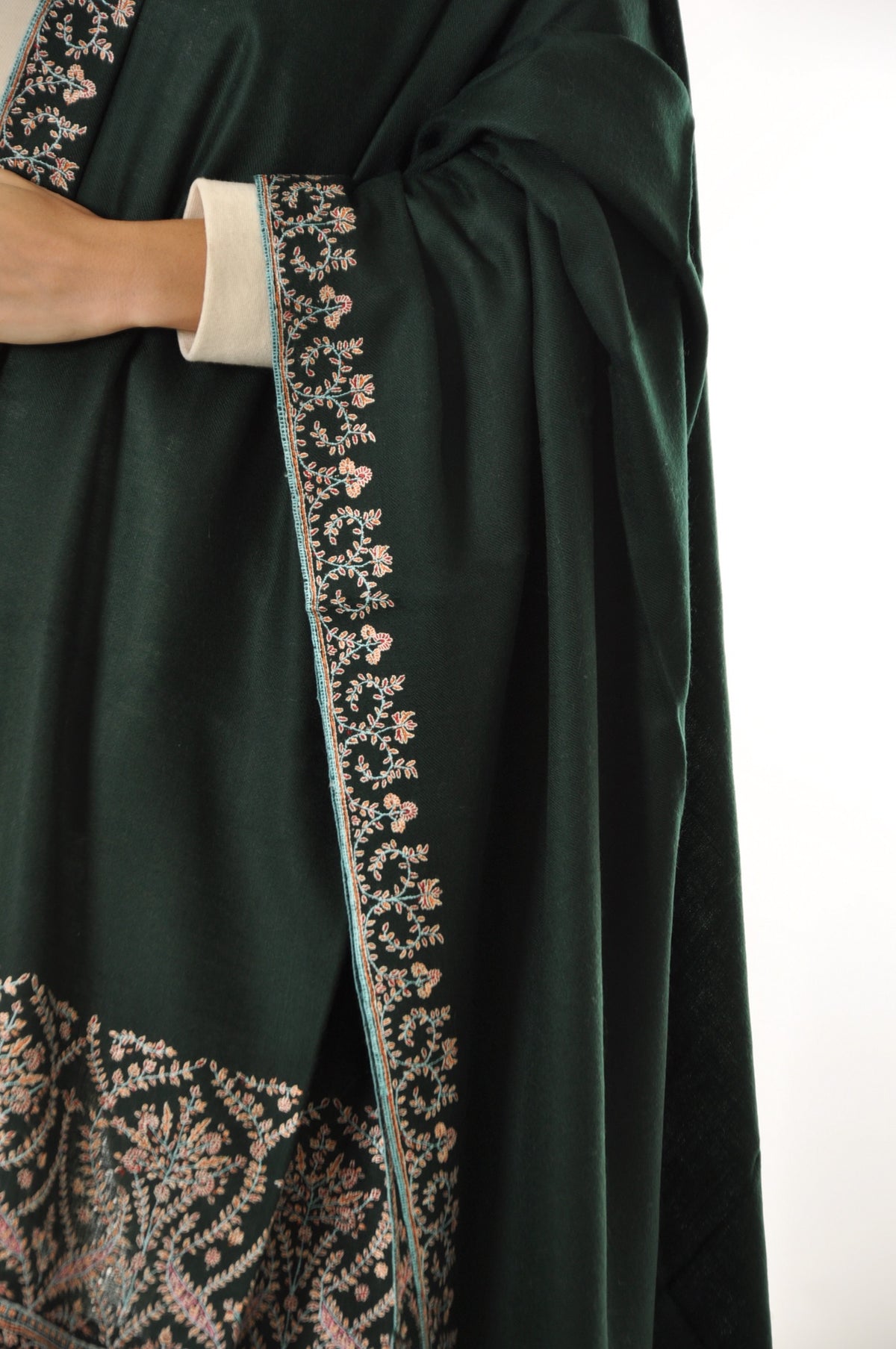 Striped Border Pashmina - Dark Green Pashmina with Floral Embroidery