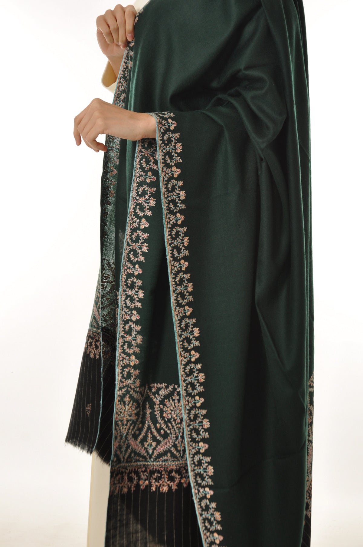 Striped Border Pashmina - Dark Green Pashmina with Floral Embroidery