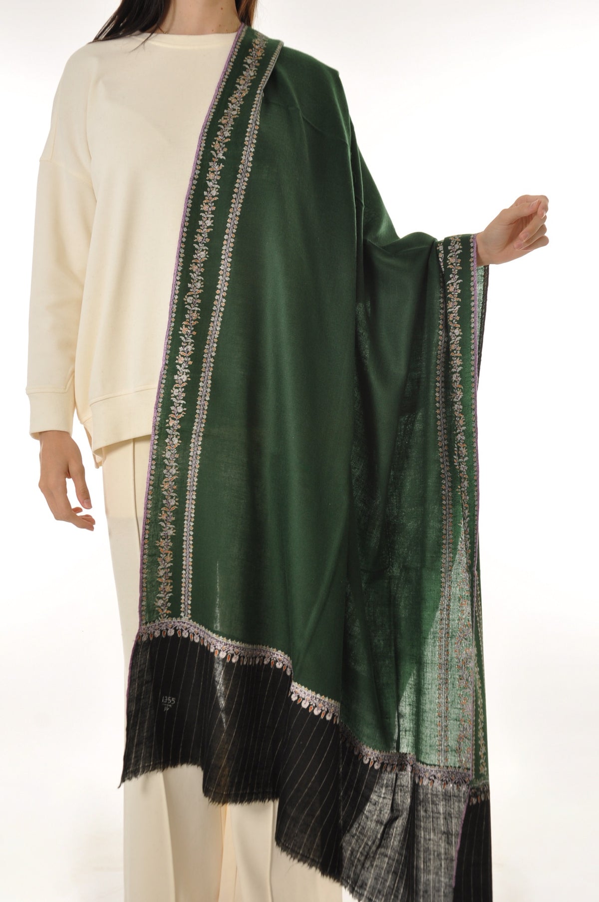 Thin Striped Border Pashmina - Green Heritage Stripe Pashmina