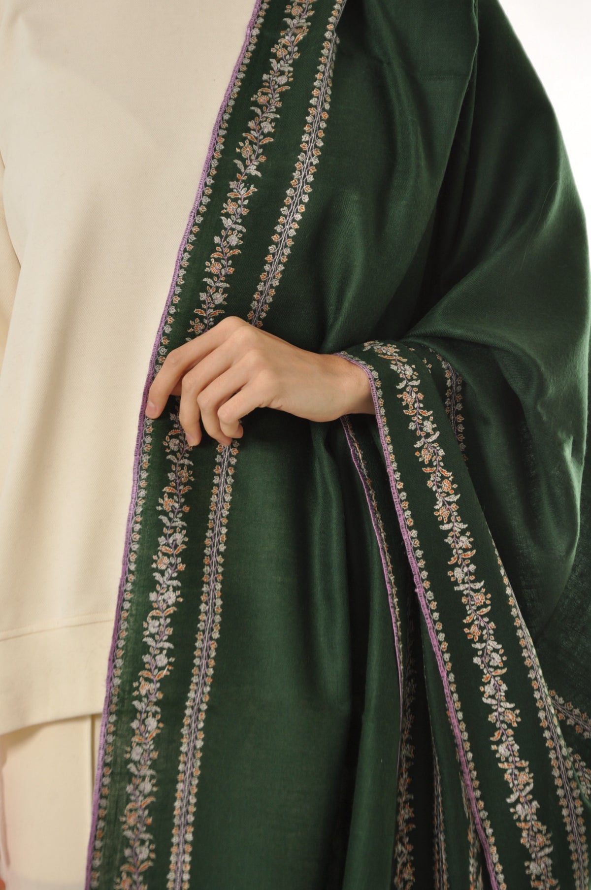 Thin Striped Border Pashmina - Green Heritage Stripe Pashmina