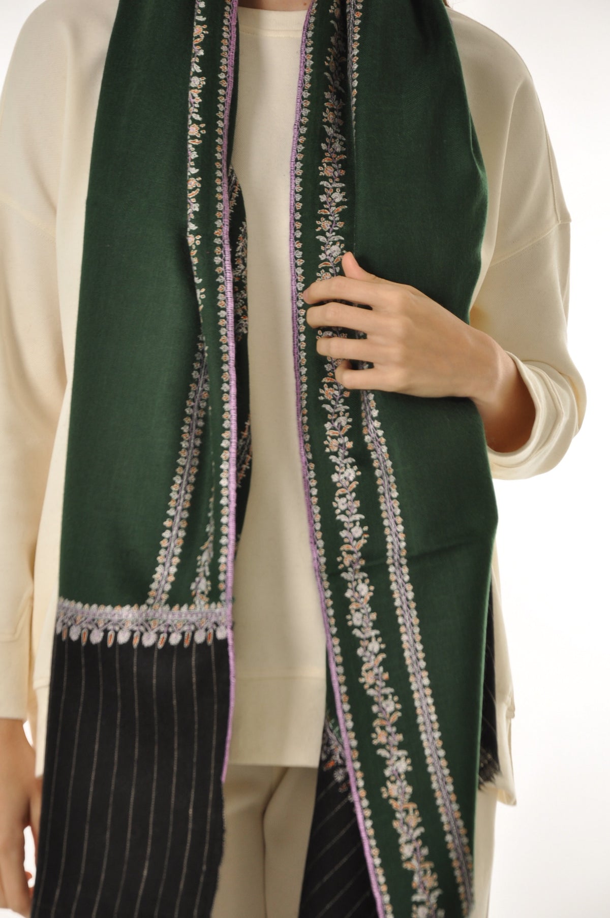 Thin Striped Border Pashmina - Green Heritage Stripe Pashmina
