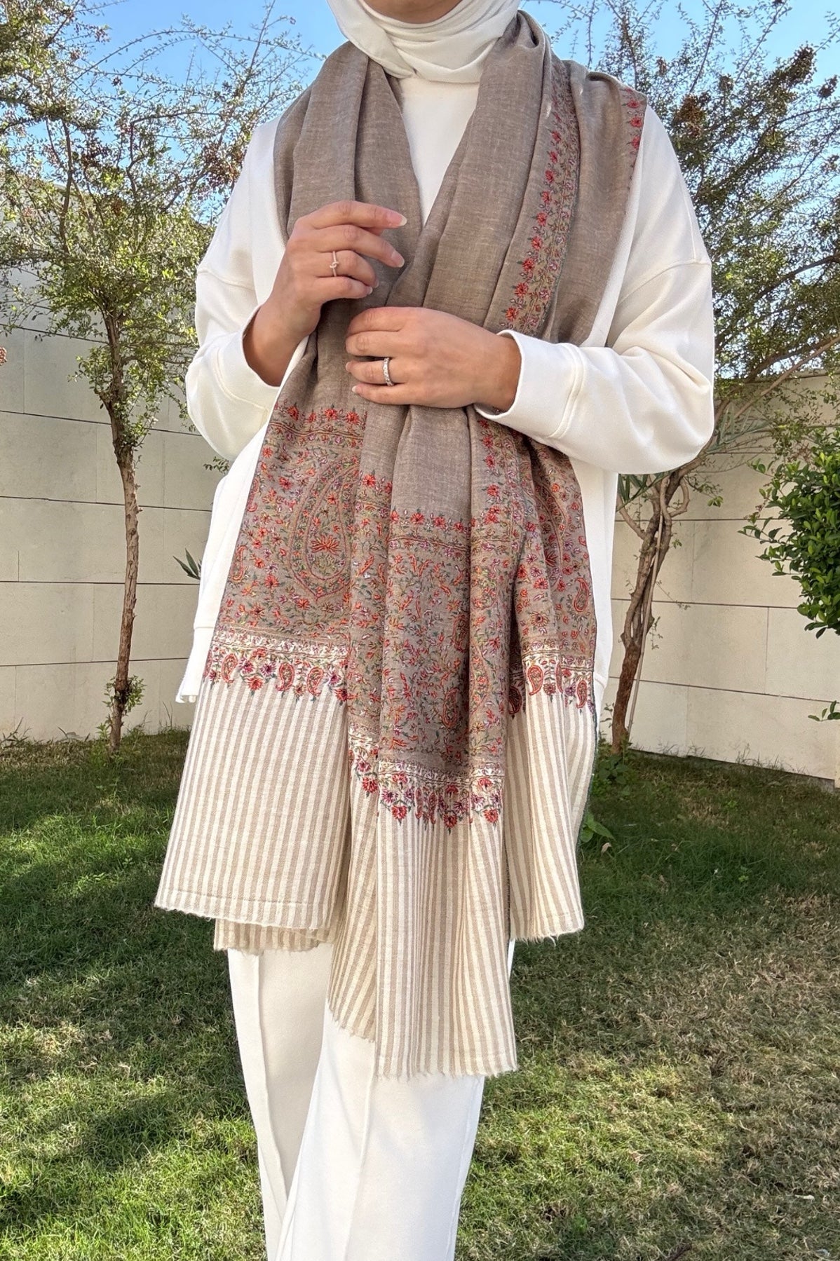 Embroidered Pashmina - Biege & Orange