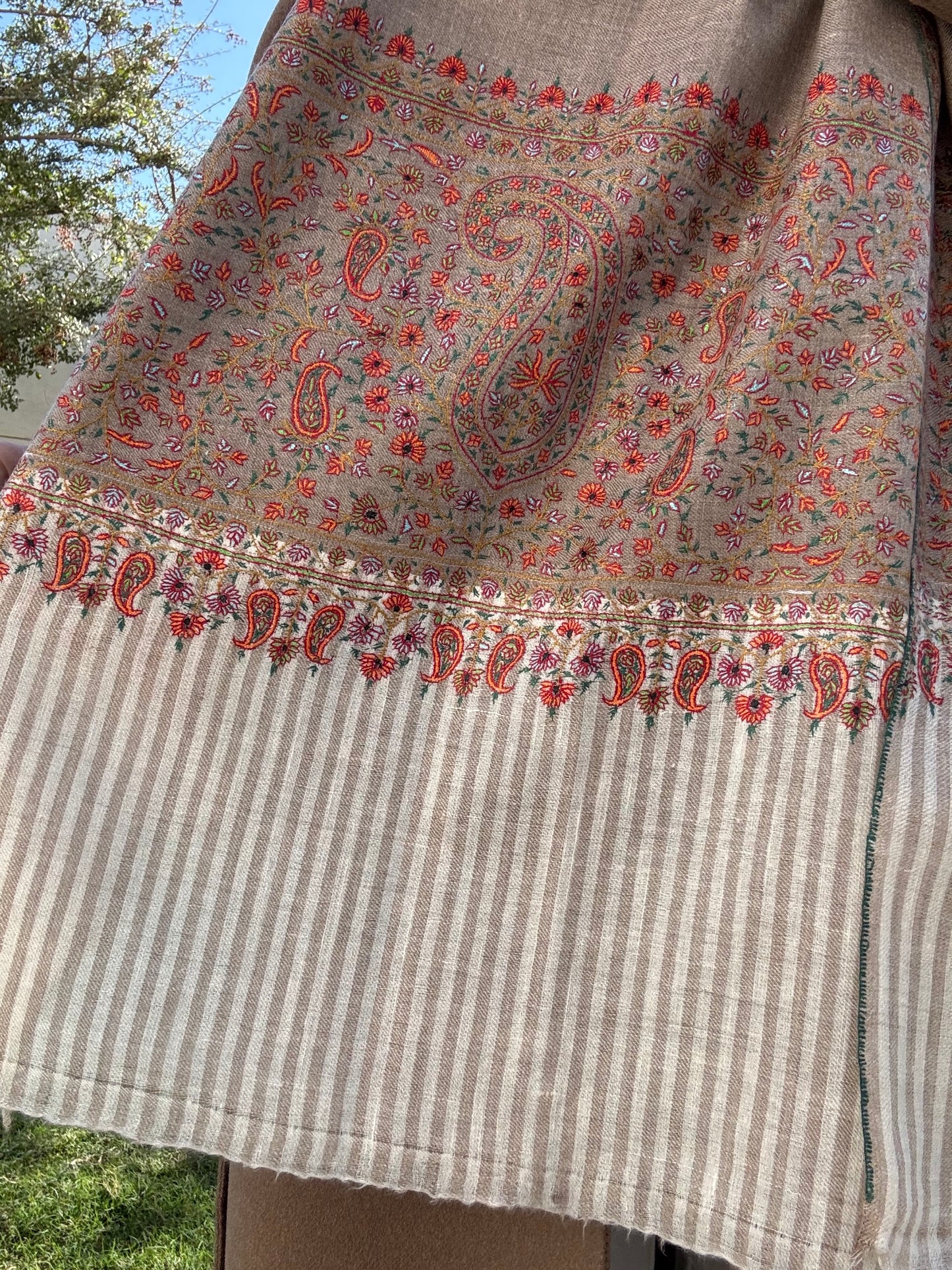Embroidered Pashmina - Biege & Orange
