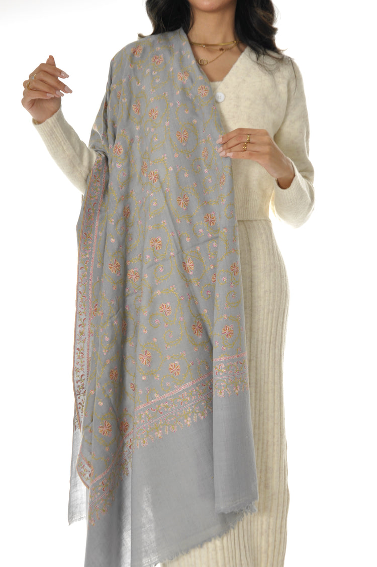 Embroidered Pashmina - Bluish Grey