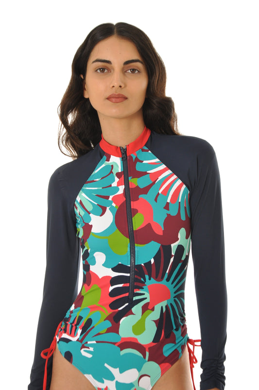 Blue Floral Long Sleeves Swimsuit