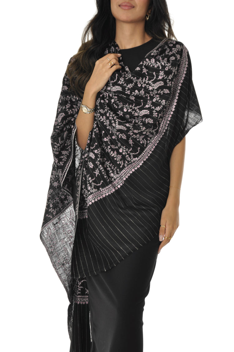 Thin Striped Border Pashmina - Black