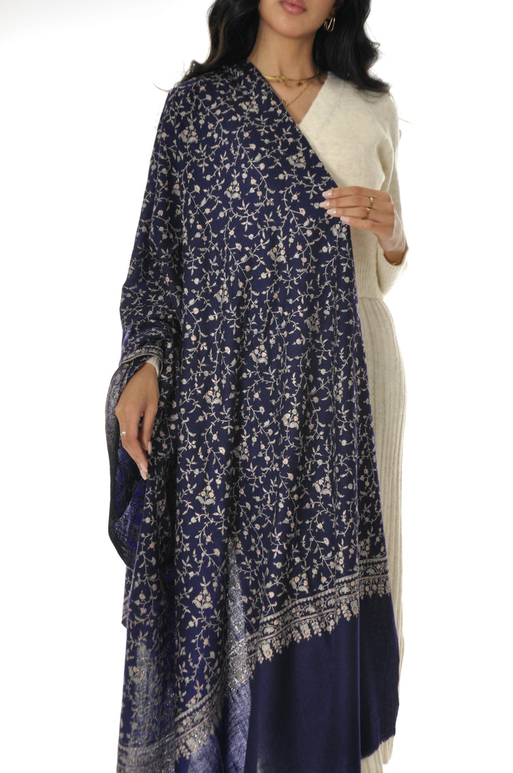 Embroidered Pashmina - Navy Blue