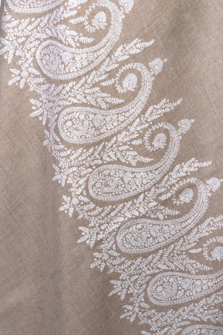 Embroidered Pashmina - Beige with White Paisley Embroidery