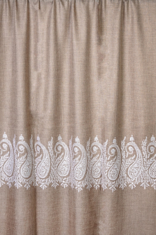 Embroidered Pashmina - Beige with White Paisley Embroidery