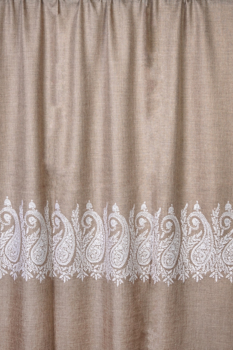 Embroidered Pashmina - Beige with White Paisley Embroidery