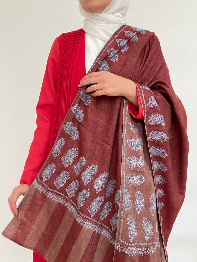 Burgundy Pashmina with Border Embroidery